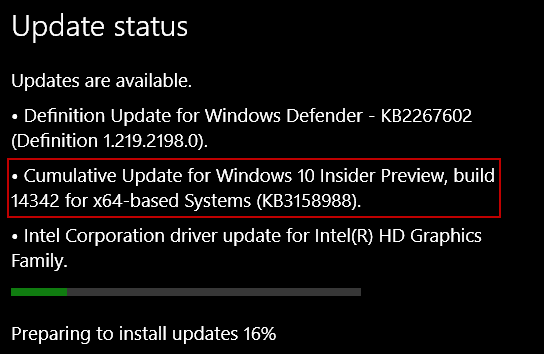 Windows 10 Update KB3158988 voor Preview Build 14342 voor pc's