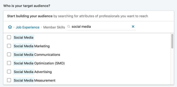 resultaten van de zoekopdracht naar 'sociale media' voor het targeten van vaardigheden van LinkedIn-leden