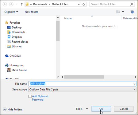Outlook 2016 - Kies naam en locatie van PST-bestand