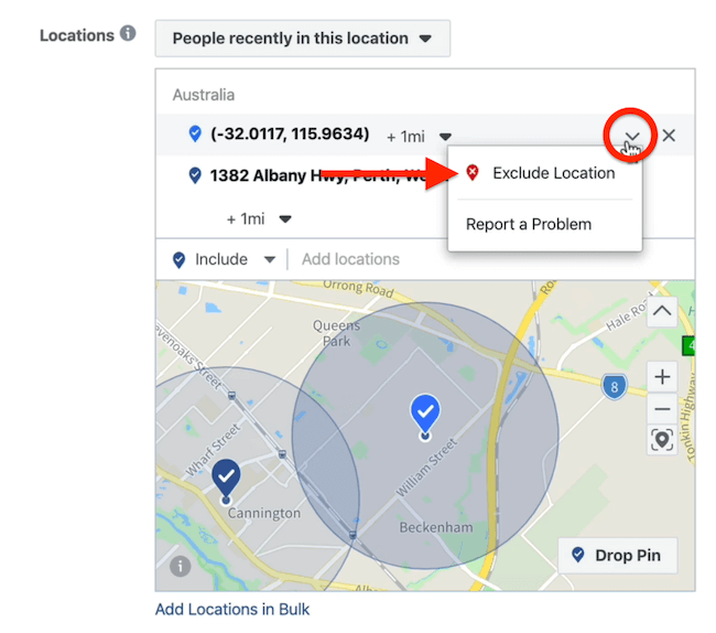 Sluit de locatie-optie uit op het niveau van de advertentieset in Facebook Ads Manager