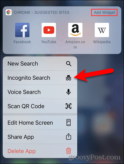 Druk lang op het Chrome-pictogram en selecteer Incognito zoeken