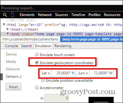 Chrome-ontwikkelaarstools emulatiesensoren lat lang