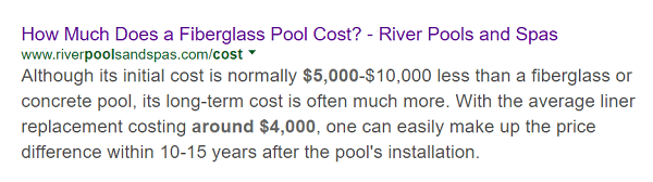 Het artikel van River Pools over de kosten van een zwembad van glasvezel komt als eerste naar voren in een zoektocht naar dat onderwerp.