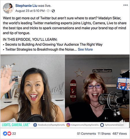 Dit is een screenshot van een Facebook Live-videopost op de Facebook-pagina van Stephanie Liu. De posttekst zegt: "Wil je meer uit Twitter halen, maar weet je niet zeker waar je moet beginnen? Madalyn Sklar, 