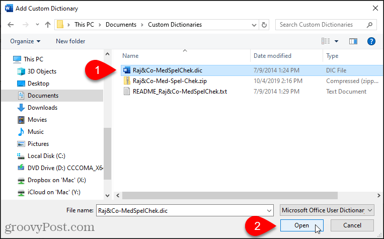 Selecteer een aangepast woordenboek om toe te voegen in Word