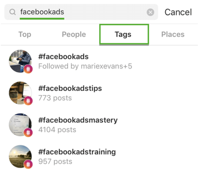Hoe u uw Instagram strategisch kunt laten groeien, stap 9, vind relevante hashtags, zoek bijvoorbeeld naar ‘facebookads’