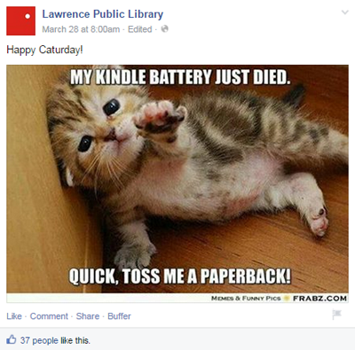 Lawrence openbare bibliotheek Facebook-bericht
