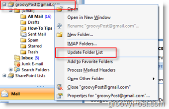 Update iMAP GMAIL-mappenlijst in de navigatiewerkbalk van Outlook 2007