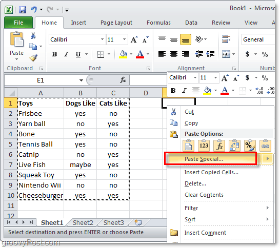 plak speciale functie van Excel 2010