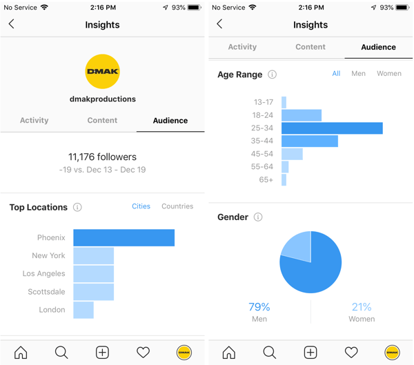 Voorbeelden van Instagram-inzichten voor het DMAK Productions-account onder het tabblad Publiek.