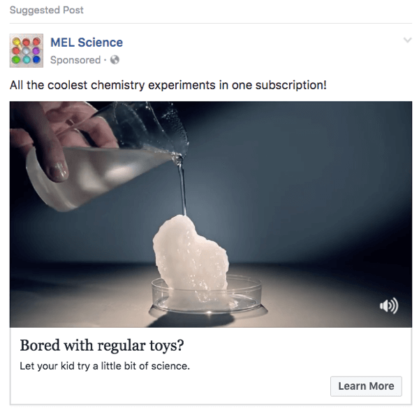 Deze MEL Science Facebook-advertentie gebruikt clips van een YouTube-video.