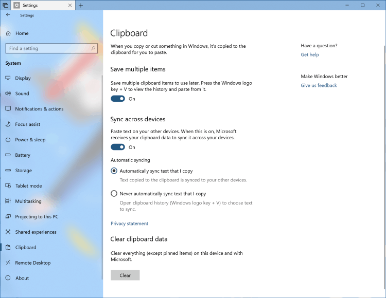 Windows 10 RS5 Cloud-klembord