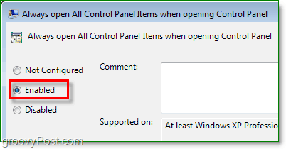 optie inschakelen om altijd alle items op het bedieningspaneel in Windows 7 te openen