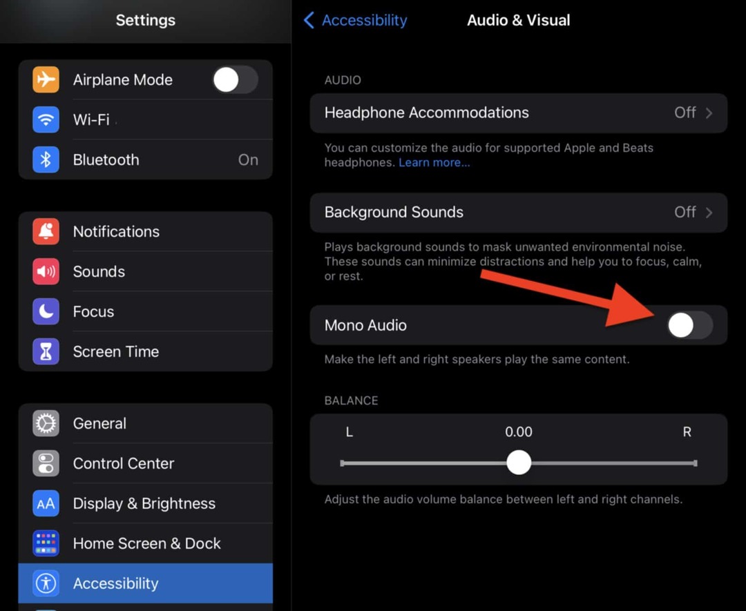 Schakel de optie Mono Audio in en vervolgens uit in de Audio & Visueel-instellingen op uw iPad