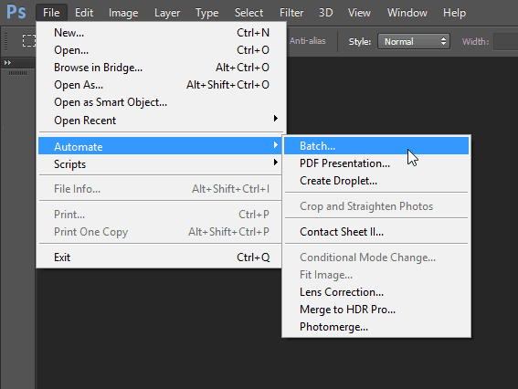 bestand automatiseren batch Photoshop menu voor het bewerken van batchfuncties