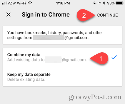 Combineer mijn gegevens in Chrome voor iOS