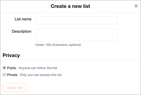 Dit is een screenshot van het dialoogvenster Create a New List in Twitter. Bovenaan staan ​​twee tekstvakken voor het invullen van een lijstnaam en een beschrijving. In het gebied Privacy staan ​​twee keuzerondjes: Openbaar en Privé. Er verschijnt een knop Lijst opslaan onder de privacyopties.