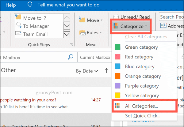 Het categoriseermenu voor kleurcategorieën in Outlook