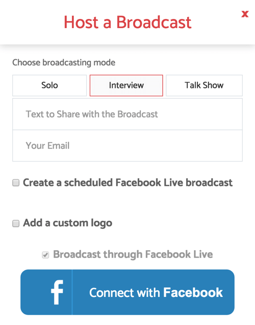 Wanneer u BeLive instelt voor een live interviewprogramma, selecteert u de uitzendmodus Interview.