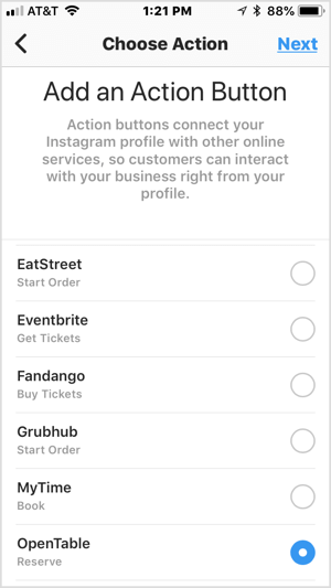 Kies een actieknop om deze toe te voegen aan je Instagram-bedrijfsprofiel.