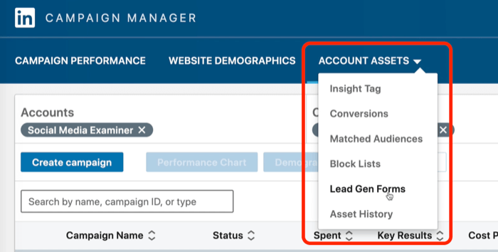 screenshot van Lead Gen Forms geselecteerd in LinkedIn Campaign Manager