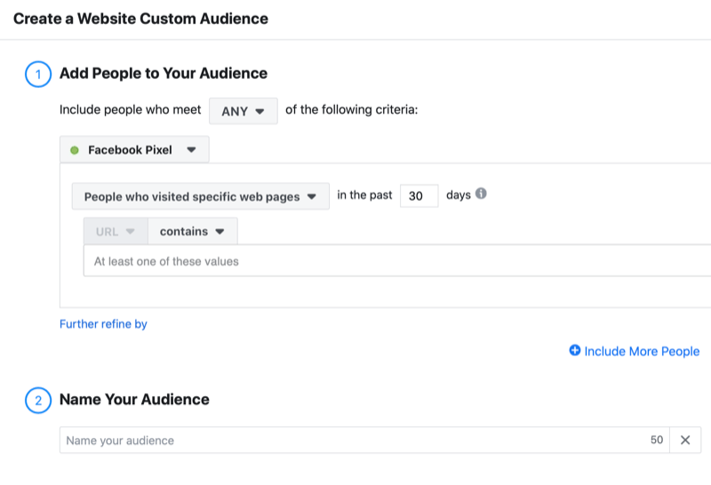 voorbeeld facebook maak een aangepaste doelgroepmenu voor de website inclusief de opties om bezoekers toe te voegen specifieke webpagina's in de afgelopen 30 dagen met behulp van de Facebook-pixel en de optie om uw publiek een naam te geven