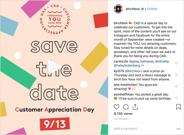 Het Instagram-account van Birchbox trakteerde volgers op deals, weggeefacties en verrassingen ter gelegenheid van de Dag van de Klantwaardering.