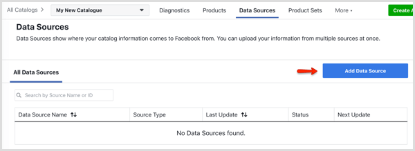 Voeg de knop Gegevensbron toe op het tabblad Gegevensbronnen in Facebook Catalog Manager