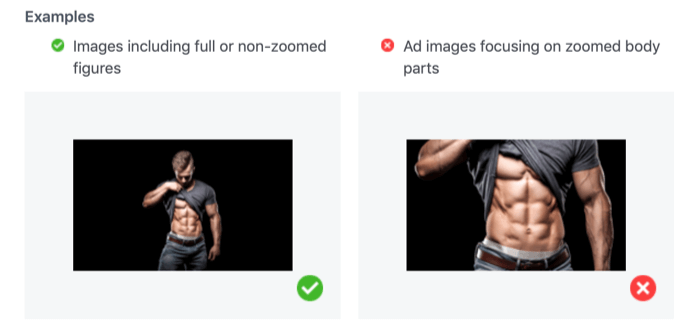 acceptabele en onacceptabele foto's met ingezoomde lichaamsdelen voor Facebook-advertenties