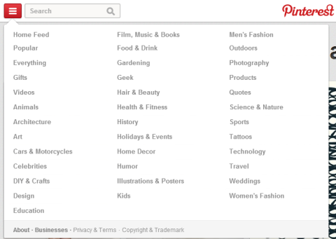 Pinterest nieuwe categorieën sectie