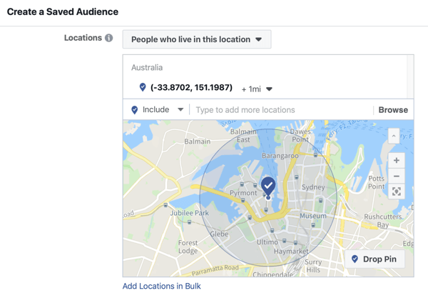 Hoe u uw live-evenement op Facebook promoot, stap 5, optie om een ​​opgeslagen publiek te maken op basis van de locatie van het evenement
