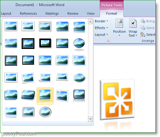 het afbeeldingsgereedschap-formaatlint in woord 2010 heeft veel geweldige vooraf ingestelde foto-effecten