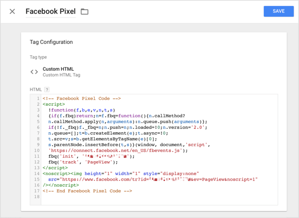 Klik in Google Tag Manager op de optie Aangepaste HTML en plak de trackingcode die u van Facebook hebt gekopieerd in het HTML-vak.