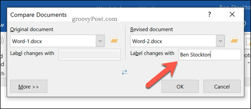 Het label instellen voor herziene wijzigingen in de Word-documentvergelijkingstool