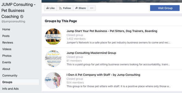 Hoe Facebook Groups-functies te gebruiken, voorbeeld van groepen op Facebook-pagina, JUMP Consulting