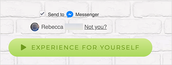 Op een webpagina die is verbonden met Facebook Messenger, verschijnt een selectievakje Verzenden naar naast een blauw Messenger-pictogram en het woord Messenger. Hieronder is een vervaagde profielfoto en de naam Rebecca. Naast de foto en naam staat een link met de tekst "Jij niet?" Onder deze opties staat een lichtgroene knop met een donkerder groen Play-pictogram en de tekst 