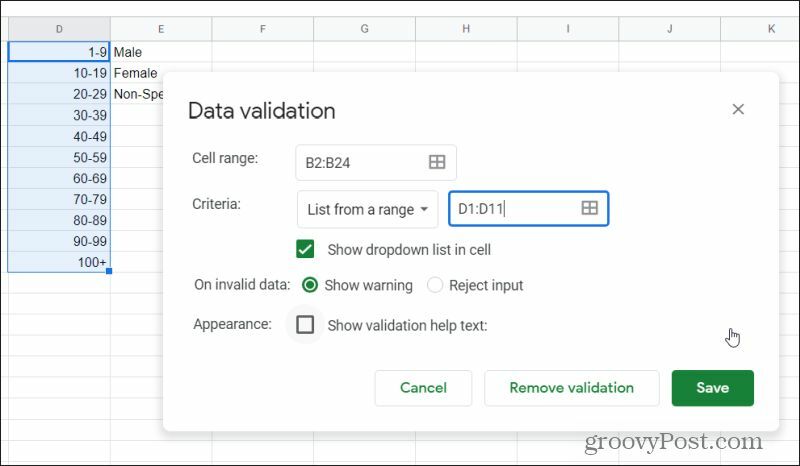 gegevensvalidatievenster in Google Spreadsheets