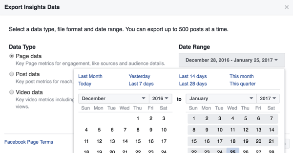 U kunt het datumbereik wijzigen voor de Facebook Insights-gegevens die u downloadt.