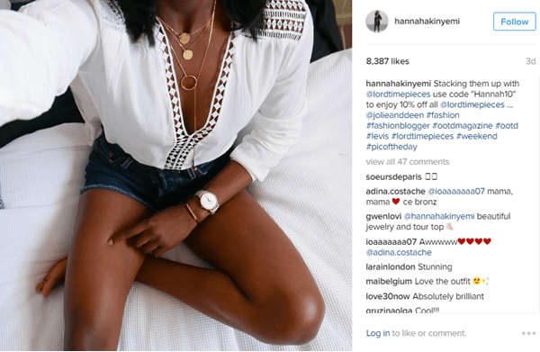 Model Hannah Akinyemi heeft een horloge van Lord Timepieces en een kortingscode op Instagram.