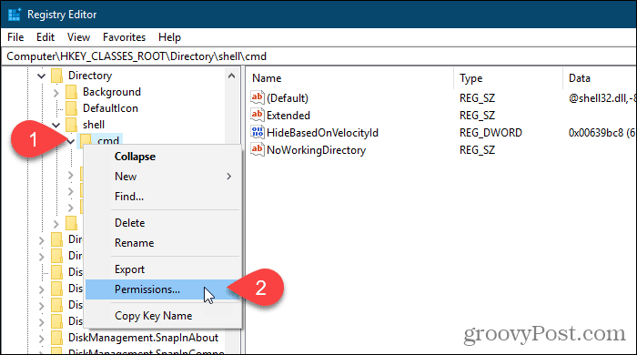Klik met de rechtermuisknop op een registersleutel en selecteer Machtigingen in de Windows Register-editor