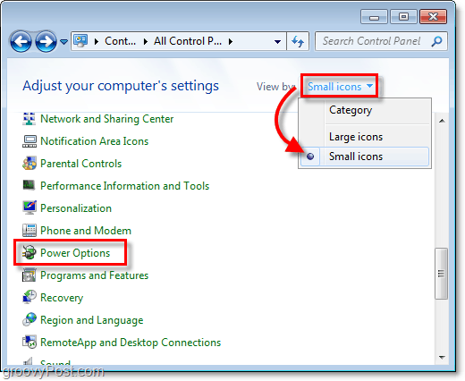 wijzig het configuratiescherm van Windows 7 om het met kleine pictogrammen te bekijken en klik vervolgens op de knop Energiebeheer