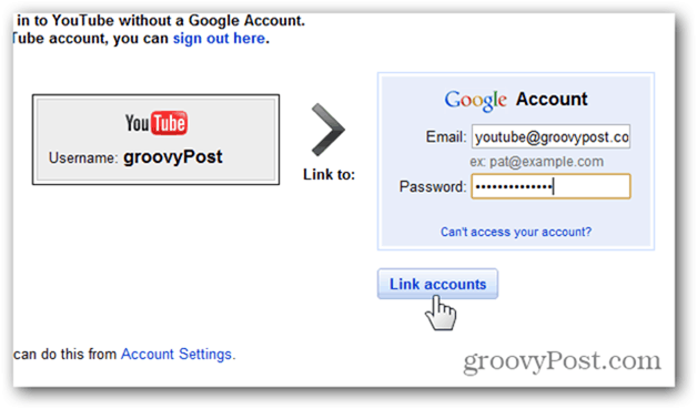 Koppel een YouTube-account aan een nieuw Google-account - voer account en wachtwoord in