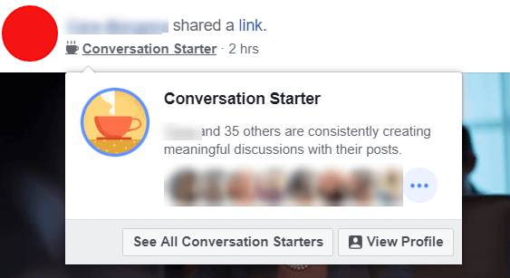 Facebook lijkt te experimenteren met nieuwe Conversation Starter-badges die gebruikers en beheerders benadrukken die voortdurend zinvolle discussies creëren met hun berichten.