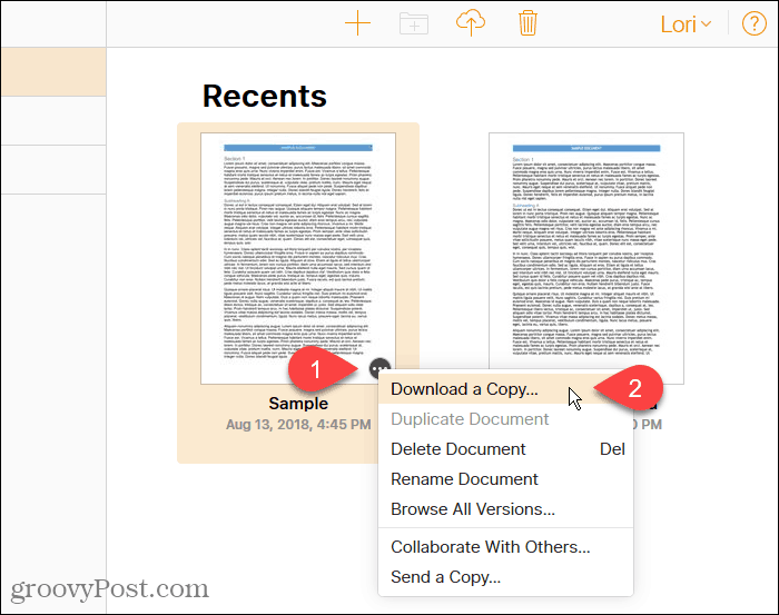 Selecteer Download een kopie in Pages op iCloud