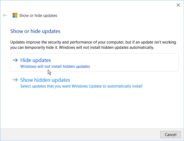 Verberg Windows 10 Update tool