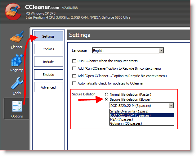 Configureer CCleaner om bestanden 3 keer veilig te wissen en te verwijderen of DOD 5220.22-M