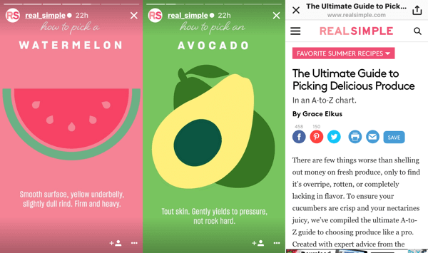 RealSimple heeft een Instagram-verhaal gemaakt op basis van een blogpost over het kiezen van producten; aan het einde van het verhaal konden kijkers omhoog vegen om het originele bericht te lezen.