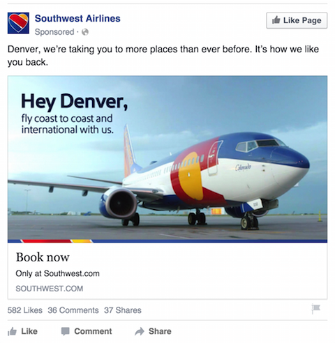 facebook-advertentie van zuidwesten luchtvaartmaatschappijen