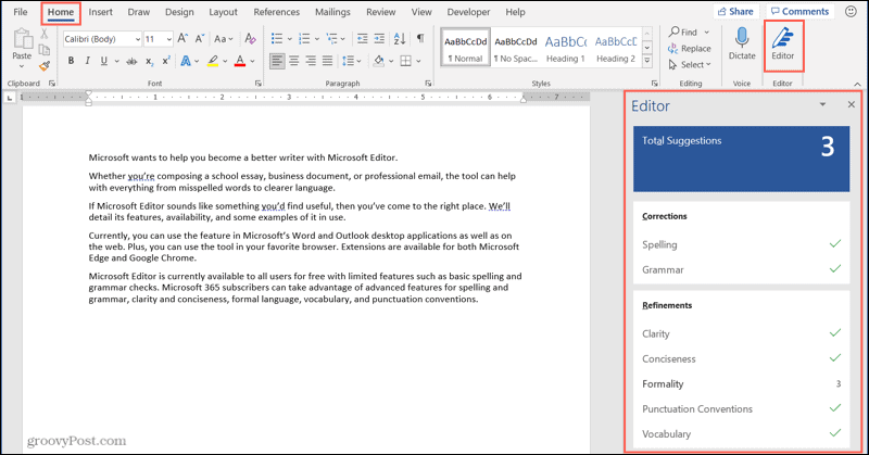 Microsoft Editor-knop en zijbalk op het bureaublad van Word
