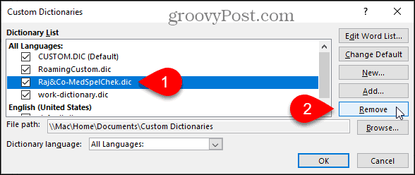 Verwijder een aangepast woordenboek in Word